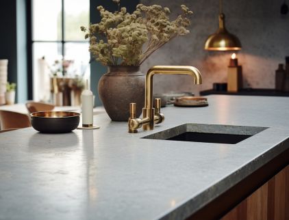 Modern kitchen with natural stone countertops installed by Granex Kitchen in Long Island-featured