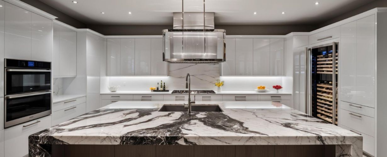 Marble stone countertops creating a soft elegant kitchen atmosphere